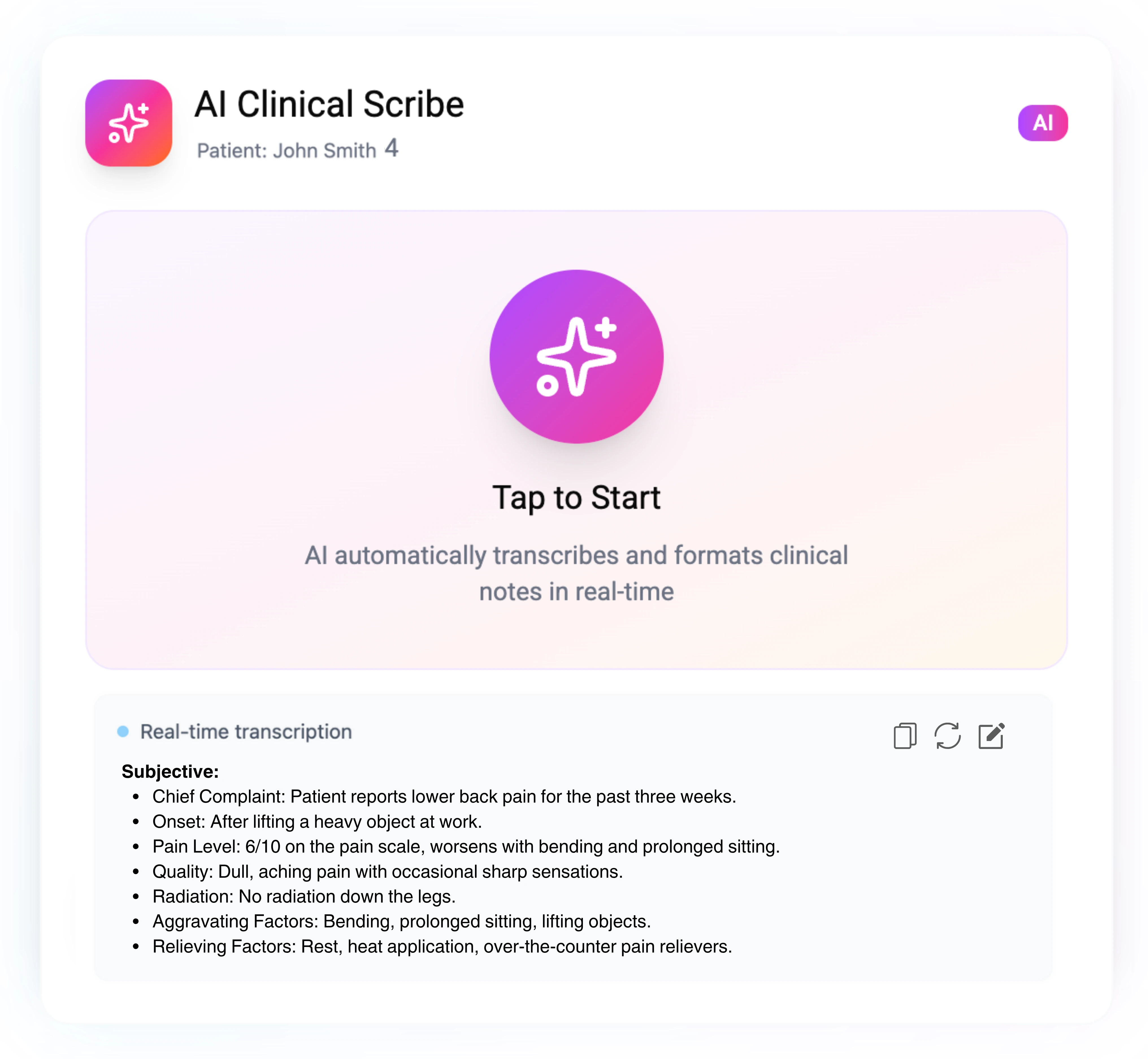 AI scribe tool for chiropractic providers